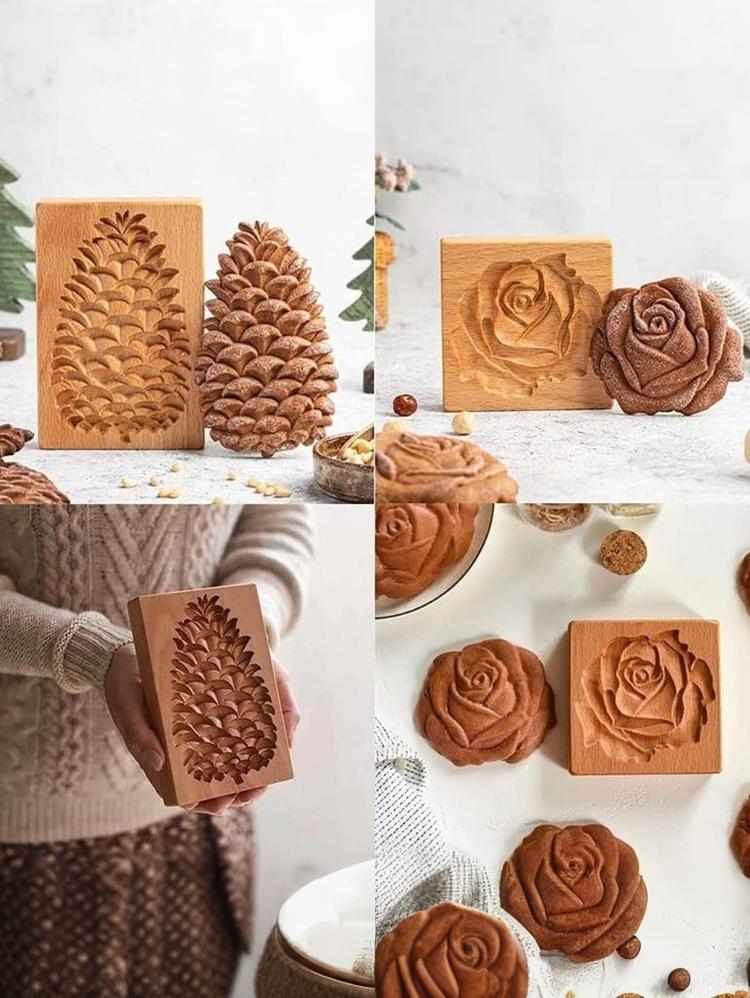 3D Wooden Cookie Molds for Baking-Embossed Gingerbread&Pumpkin Shaped Cutters, Reusable Dough Press Stamps for Holiday Cookies