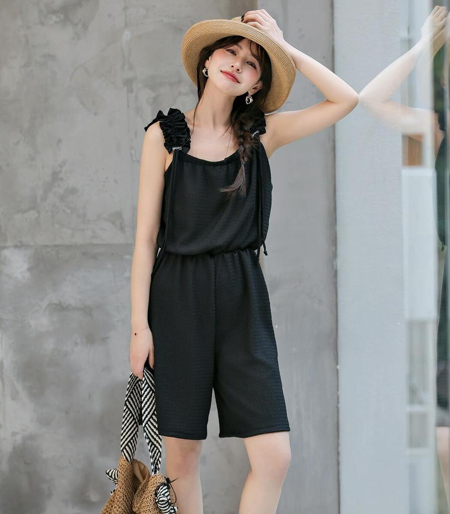 Teddy Women's Rash Guard with Gathered Shoulder Frills, Full Coverage, Amphibious, rashguard074 (JP, Alphabet, L, Standard, Black)