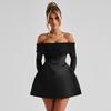 Giyu Sexy Mini Short Dress Women Autumn Lace Patchwork Long Sleeve Off Shoulder Backless Dress Elegant Club Party Robe