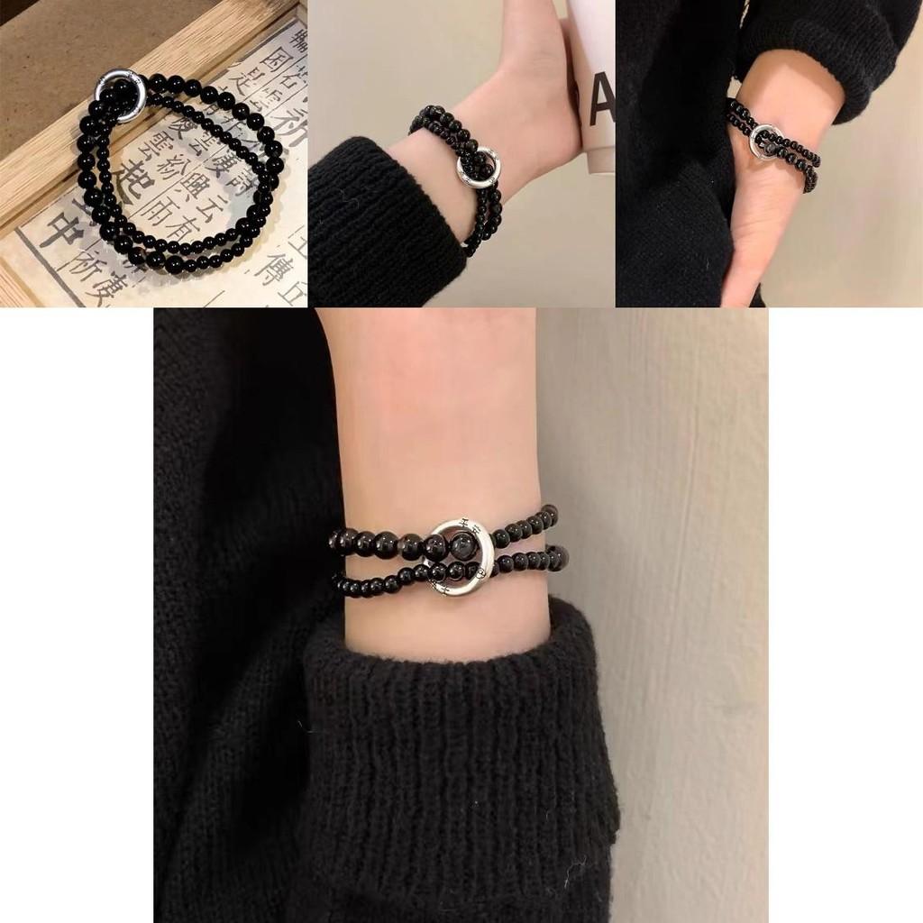Stylish Double Circle Bracelet Black Beads For Men And Women Trendy Retro Design