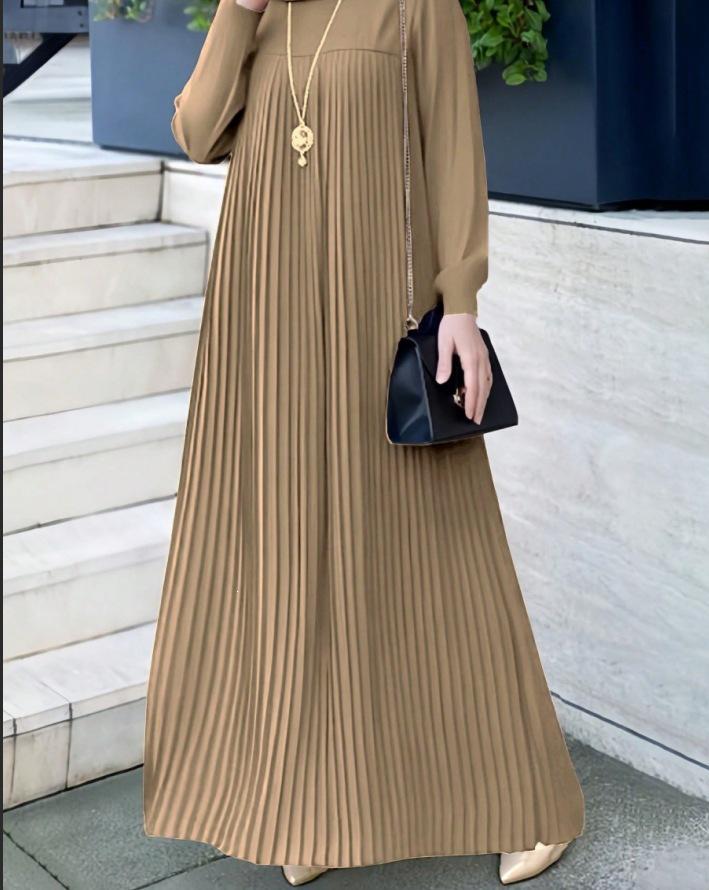 Women's Elegant Black Ice Silk Long Sleeve Pleated Dress