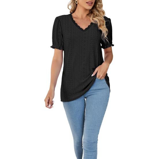 

Женский летний топ с вырезами, сплошной цвет, V-образный вырез, короткие рукава, брюки средней длины, свободные рукава с пузырьками, женская летняя футболка, женская одежда M