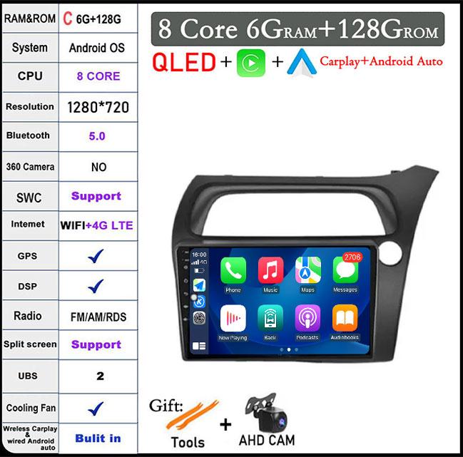 9 Lnch Android 14 For Honda Civic Hatchback 2006-2011 Car Radio Player Video Multimedia Carplay IPS DPS Navigation DSP Screen