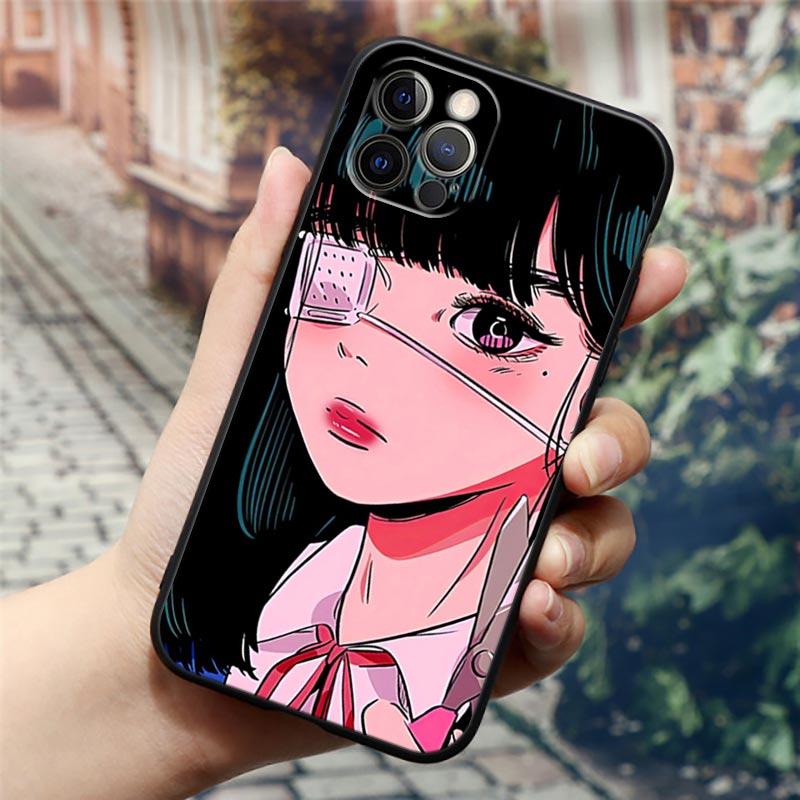 Super Cute Girl Anime Phone Case for iPhone14 13 12 11 PM Pro Max 8 7 SE XR XS Plus Black Soft Silicon Cover Fundas Coques Shell