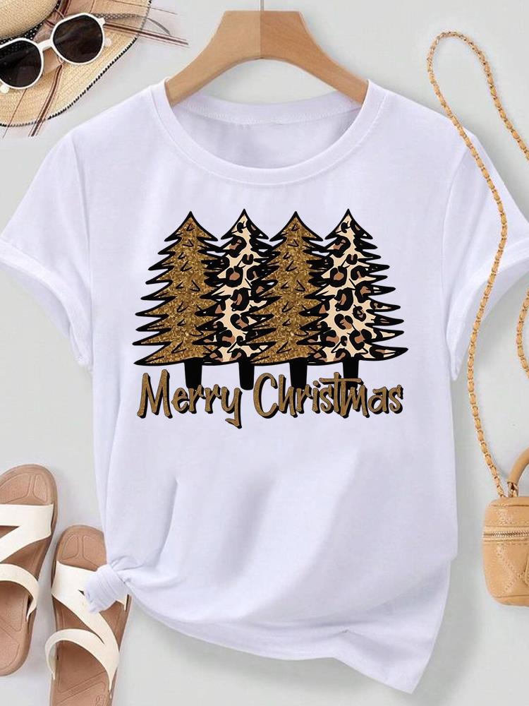 (Asian Size) Lovely Watercolor Cute Merry Christmas New Year Women's Top T Tee Festival O-neck Clothing Print Fashion Ladies Graphic T-shirts