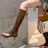 2025 Black Open Toe Clip-On Knee Boots Women's Modern Booties Thin Low Heel Side Zip Spring Summer Party Heels Sandals