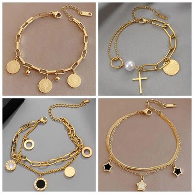 Stainless Steel Layered Golden Pendant Bracelet For Women Retro Punk Gothic Portrait Coin Cross Pearl Bracelet Jewelry