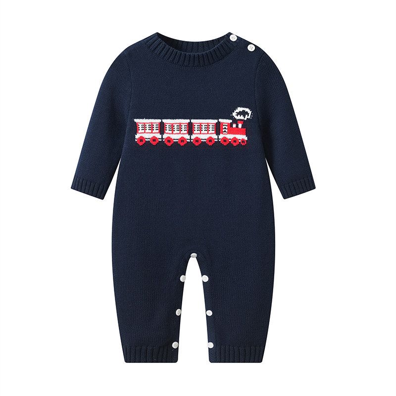 

Fall and Winter Clothes for Babies Long Sleeves Baby Boy Knitting Romper Pure Cotton Wire Pullover One-Piece Romper Dark Blue Train Image color 59