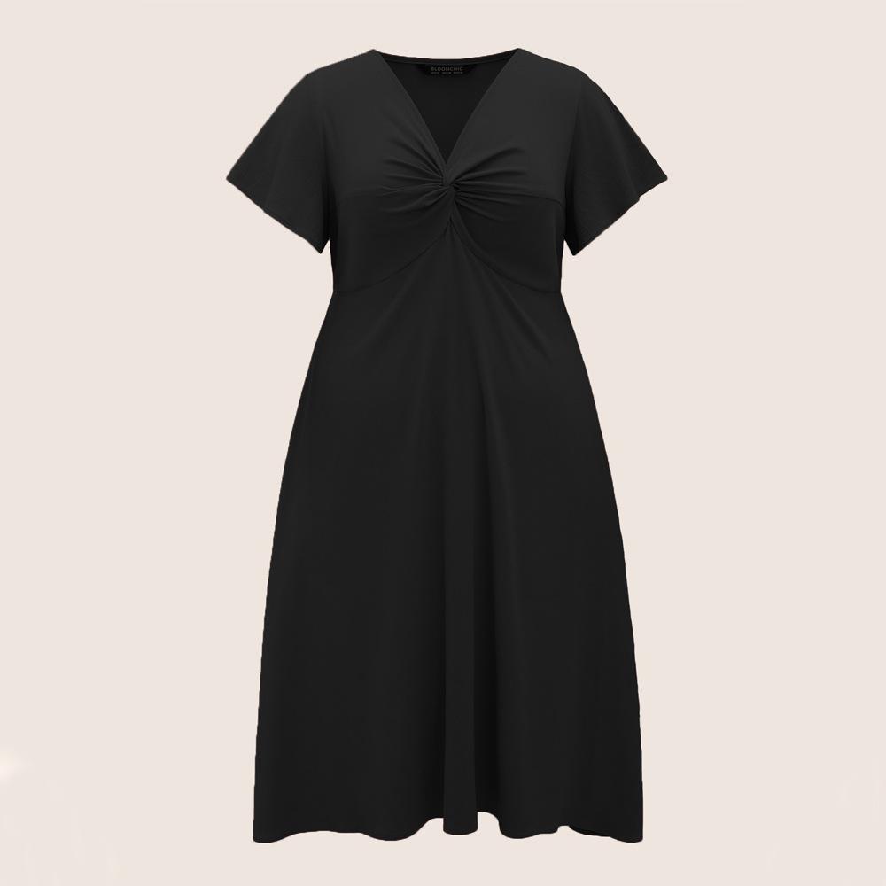 Plus Size Women High Waist V Neck Short Sleeve Elegant Midi A Line Dress 1XL