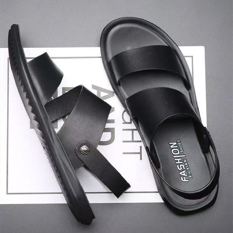 Men Brown Sandals Flats Slippers Summer Wide Head Roman Sandals Retro Black Leather Beach Shoes Plus Size EU:45 чёрный