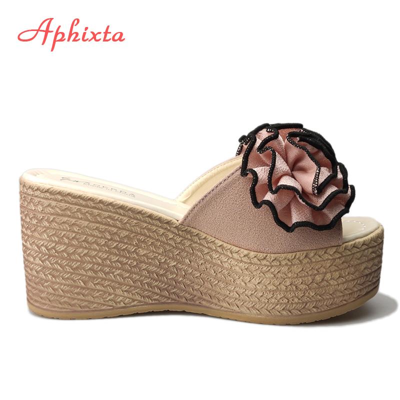 Aphixta Flower Wedge Heels Slippers Women 9cm Cow Suede Bow Women Mulers Female 4cm Platform Sandals Clog Shoes Slides Women