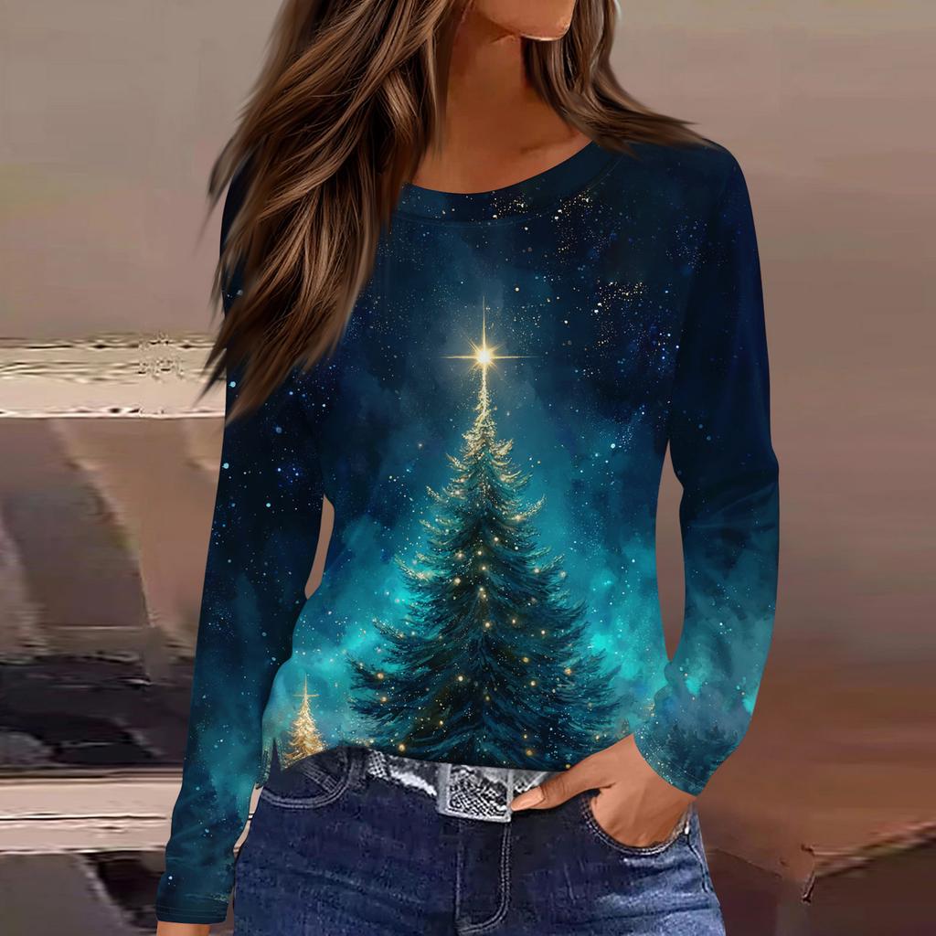 Women's Fashion Casual Slit Hem Round Neck Long Sleeve Loose Christmas Printed T-Shirt Ladies Top