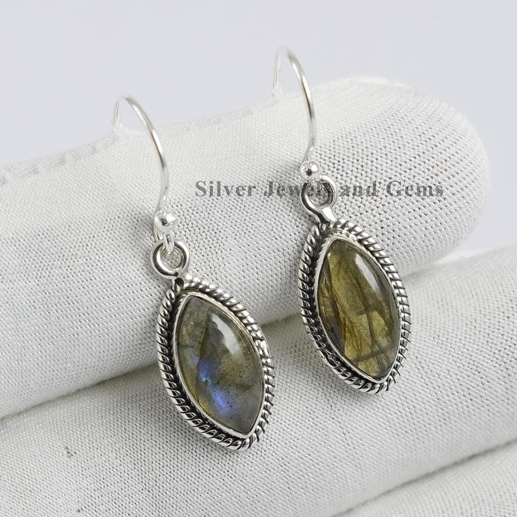 Labradorite 925 Sterling Silver Earrings: Handmade Marquise Gemstone