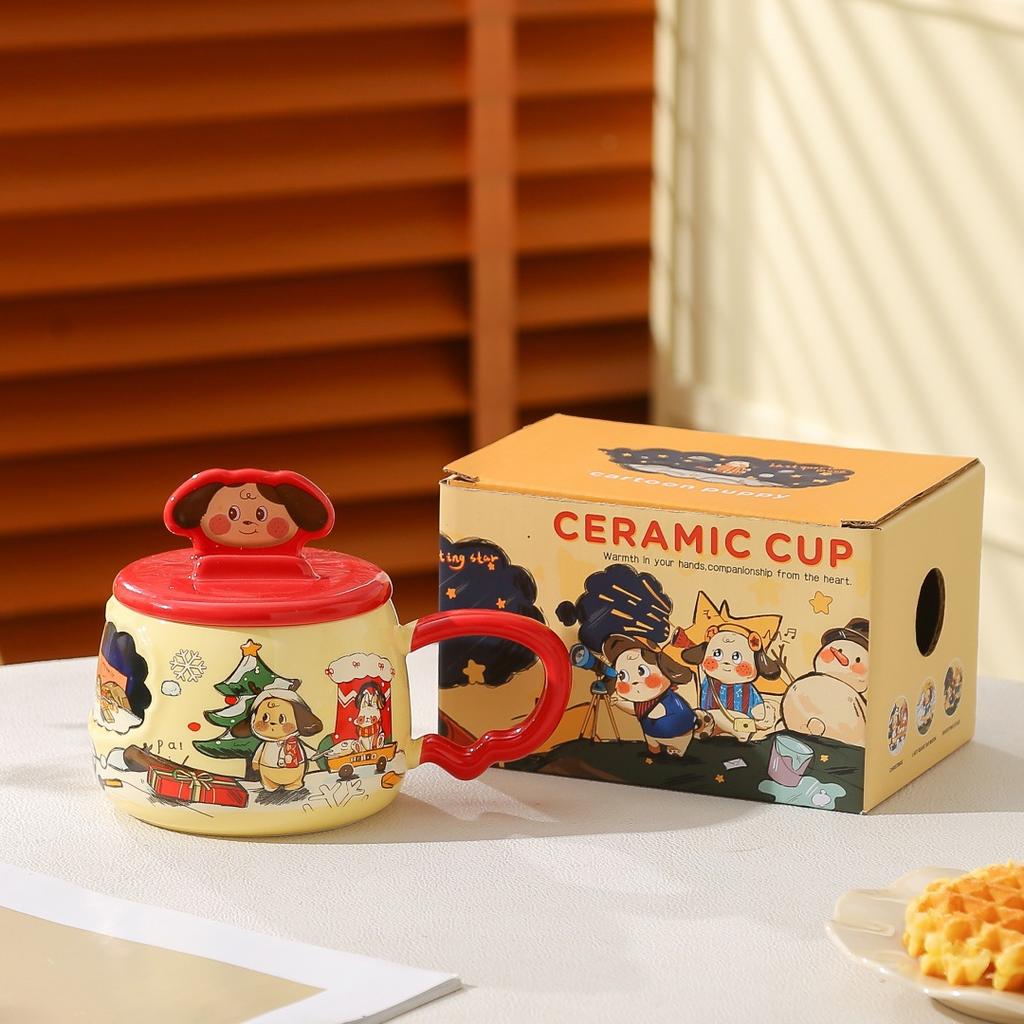 Cartoon cute dog mug with lid gift box set mug household water cup high value large capacity ceramic
