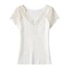 Spring and Summer New Style Double Curved V-Neck Lace Patchwork Knitted Shirt Short-Sleeve Women's Tight-Fitting Slimming Pullover T-Shirt Top