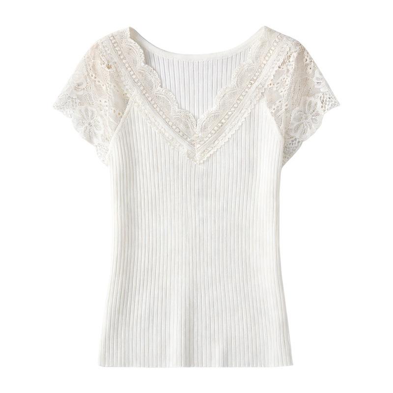 Spring and Summer New Style Double Curved V-Neck Lace Patchwork Knitted Shirt Short-Sleeve Women's Tight-Fitting Slimming Pullover T-Shirt Top