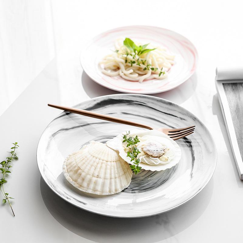 Servírovací talíř v moderním mramorovém designu Keramický talíř Porcelánové nádobí Dezertní nádobí Těstoviny Talíř na steaky Vhodné do mikrovlnné trouby
