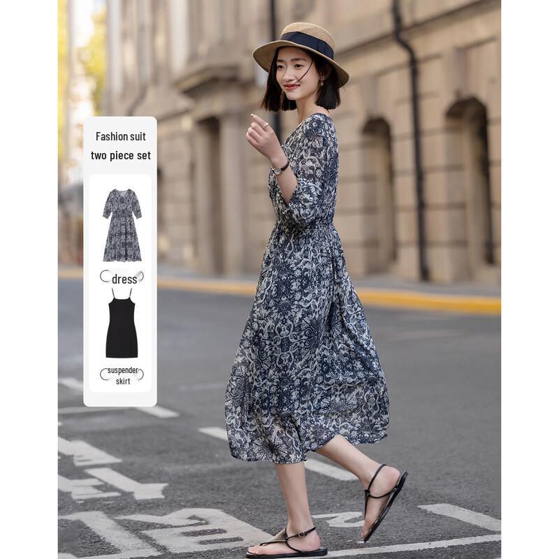 Demana Women s V-Neck Shirred Two-Piece Chiffon Dress L