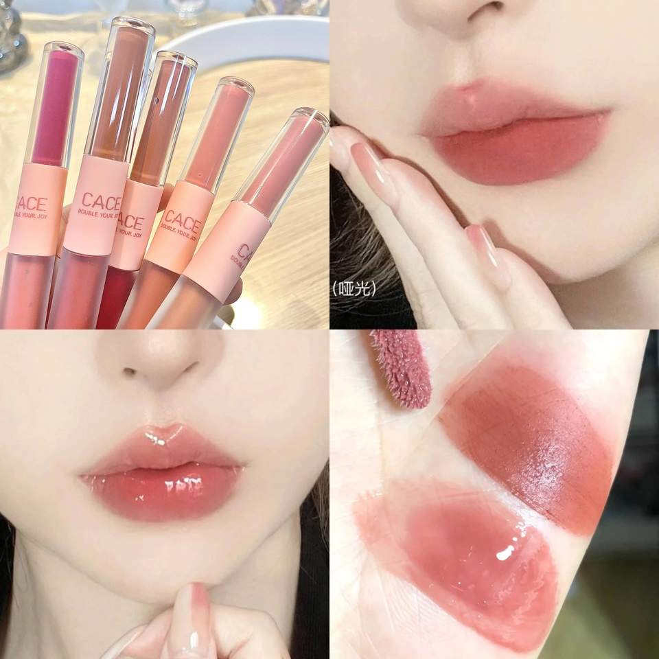 CACE Double Head Lesk na rty Sexy Red Lip Makeup Lip Mud Mirror Vodní lesk Lip Glaze Matná rtěnka Voděodolná korejská kosmetika
