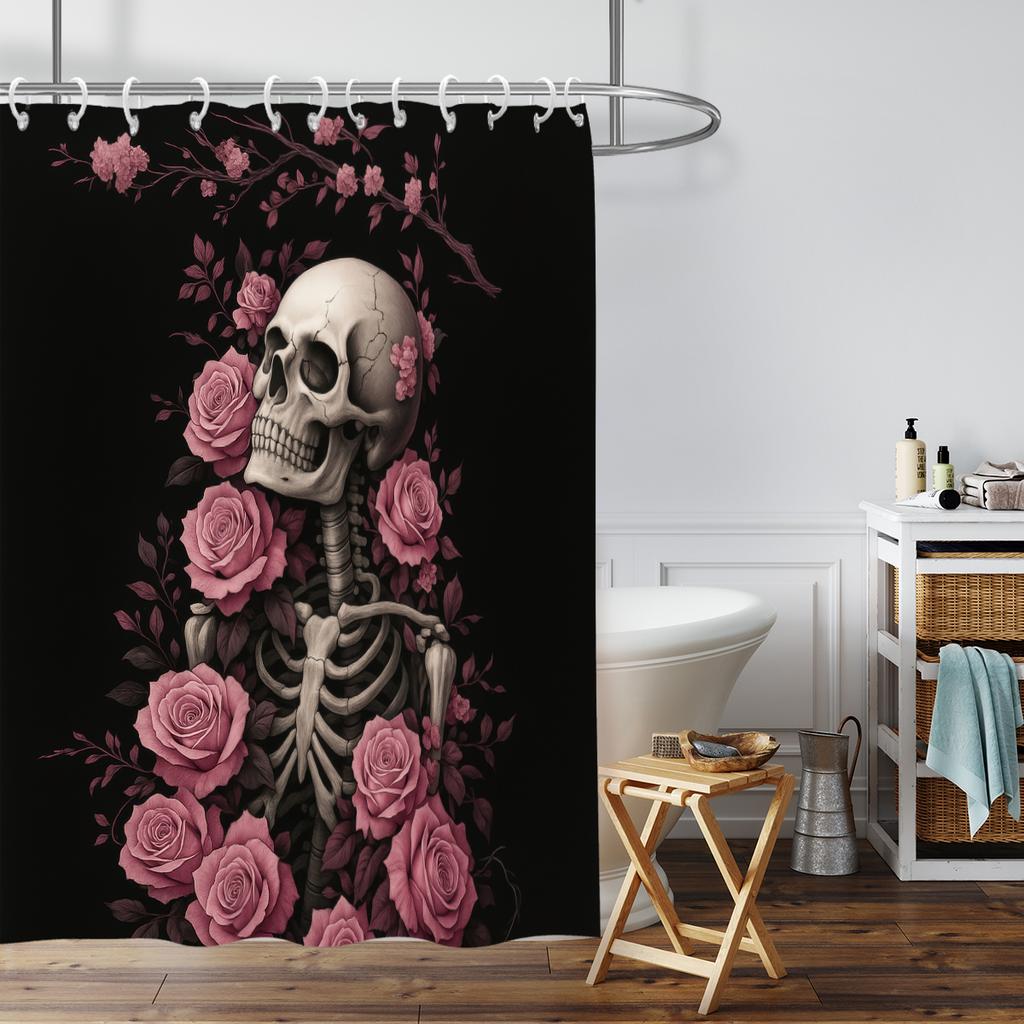 1Pc Halloween Skeleton Flower Print Waterproof Shower Curtain Privacy Hanging Curtain 12 Hook Multiple Sizes Machine Washable