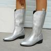 Fashion Women Ankle Boots 2025 Autumn New Embroidered Western Cowboy Boots Pointed Toe Thick Heel Gold Woman Short Boots Botas Mujer