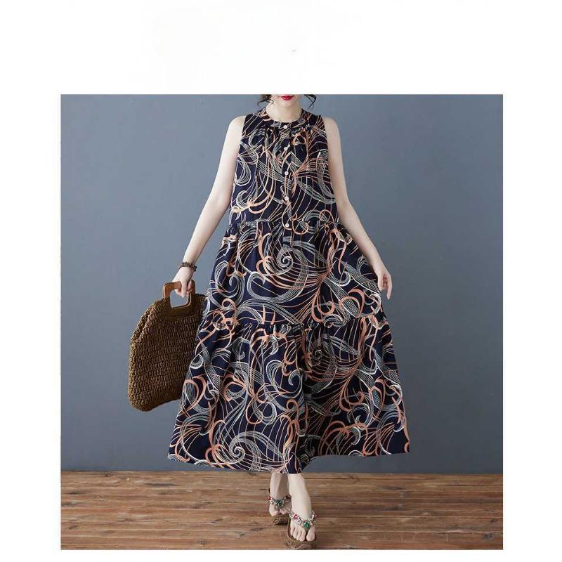 Ladies' Versatile Temperament Retro Loose Stand Up Collar Mid Length Dress
