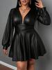 Ladies' Deep V-neck Lantern Sleeve Waist Cinched A-line Slim Fit Leather Skirt Women's Skirt