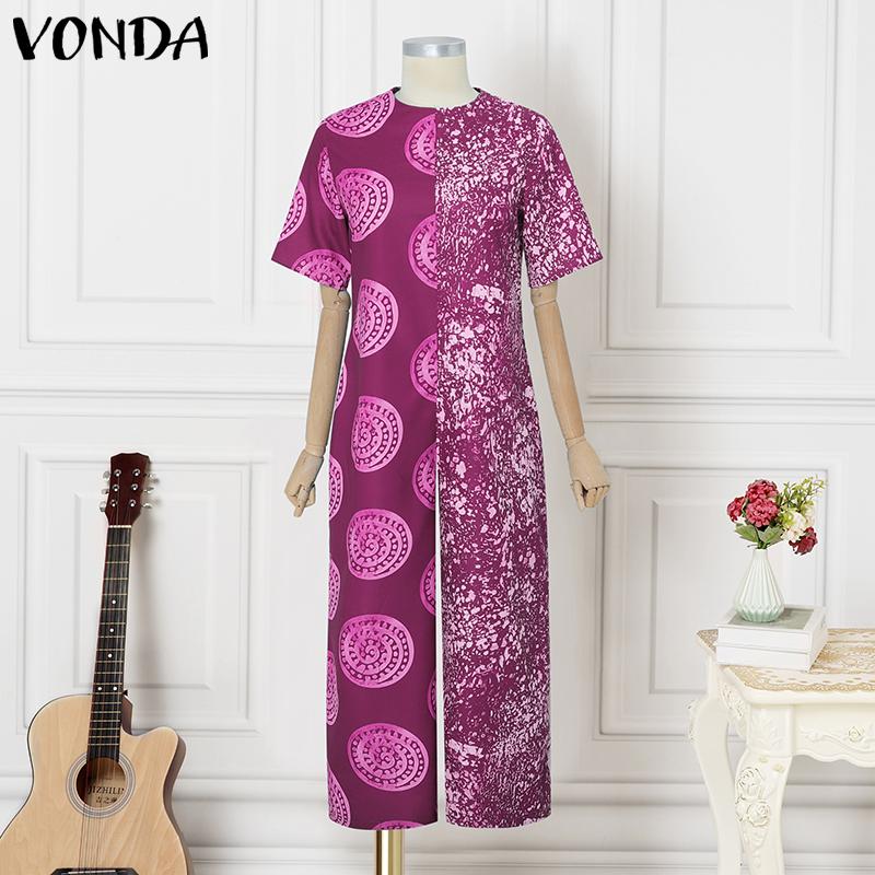 VONDA Oversized Women O-Neck Short Sleeve Stitching Print Casual Long Jumpsuits Rompers