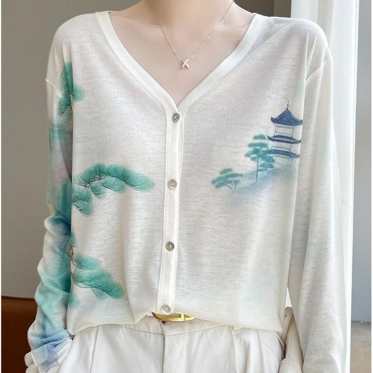Cardigan subțire de damă Primăvară Vară Cardigan tricotat cu imprimeu mătase Jachetă Mânecă lungă Larg Top tricotat cu protecție solară