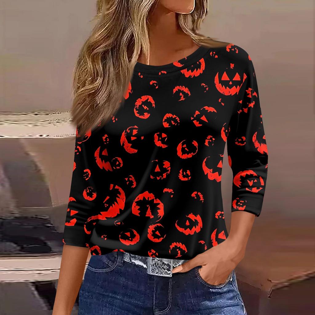 Women's Halloween Print 3/4 Sleeve Loose Fit Casual T-Shirt Round Neck Comfortable Top for Everyday Wear