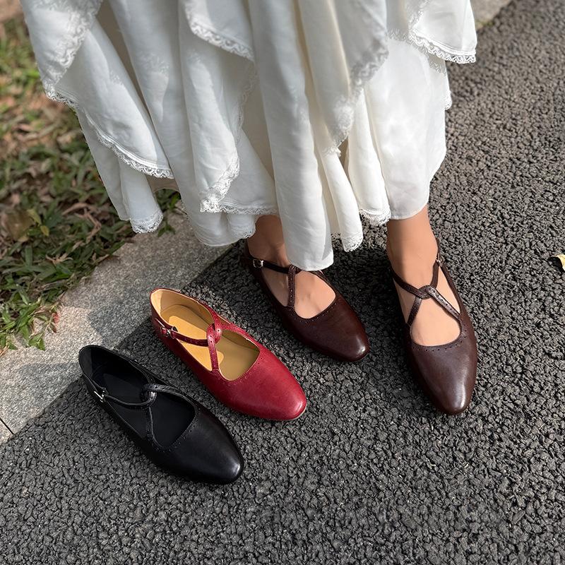 Johnature Cross Belt Mary Jane Shoes Genuine Leather Flats Round Toe Soft Soled Women's Shoes