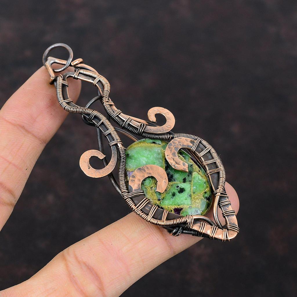 Copper Ruby Zoisite Pendant Copper Wire Wrapped Jewelry Real Gemstone Pendant Handmade Jewelry Copper Pendant Wire Wrapped Pendant For Gift