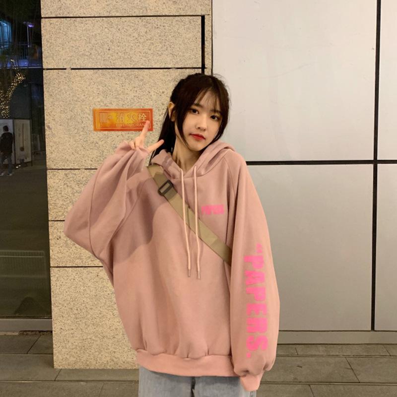 Womens Autumn and Winter Updated Korean Style College Style Relaxed Fit Plush Hooded Long-sleeved Sweatshirt for Women XXL