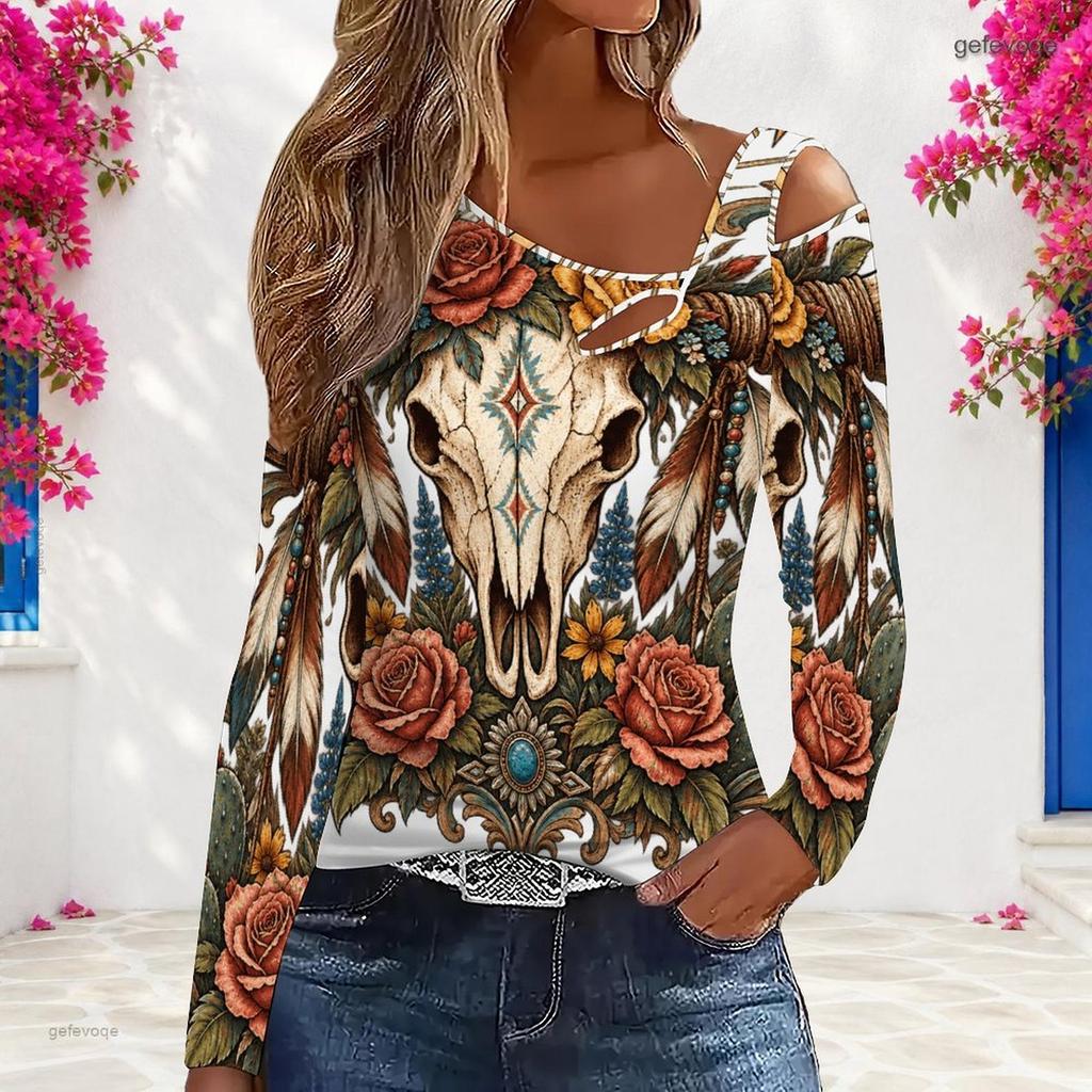 Women Plus Size Asymmetric Cutout Neck Cold Shoulder Long Sleeve Western Printed Fitted Top
