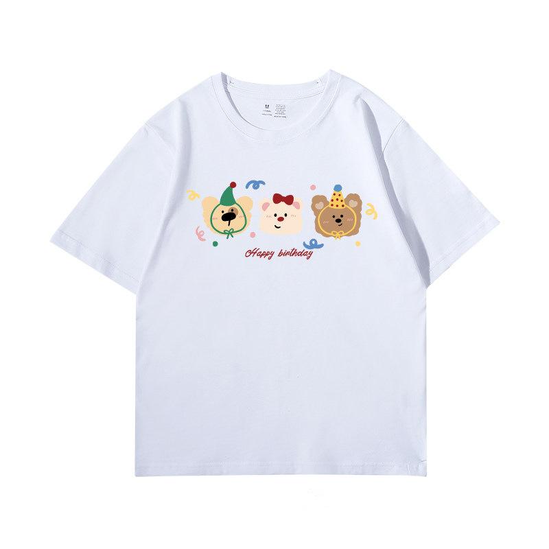 New Korean age-reducing bear print black short-sleeved t-shirt women's loose fat mm large size cotton top summer