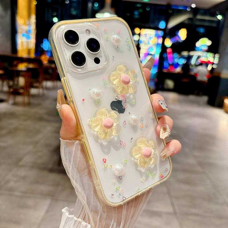 INS Korea 3D Flower 2 IN 1 Transparent Phone Case For iPhone 17 16 12 13 14 15 Pro Max Shockproof Frame Clear Soft Cover