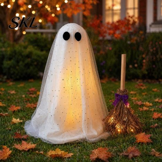 Halloween Ghost Decoration with Broom, Spooky Sequins Mesh White Ghost, Cute Glittery Decor Adjustable Standing for Party, Home, Table, Fireplace,