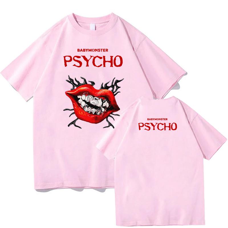Nouveaux T-shirts BABYMONSTER PSYCHO Impression Graphique T-shirts en Coton Coupe Ample Mode T-shirt Femme Vêtements Homme Hauts de Qualité Streetwear