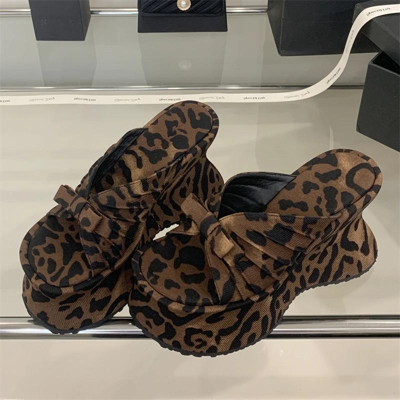 Eilyken Summer Street Style Sexy Leopard Print Butterfl-Knot Slippers Women's Platform Wedges Heels Shoes Zapatos De Mujer