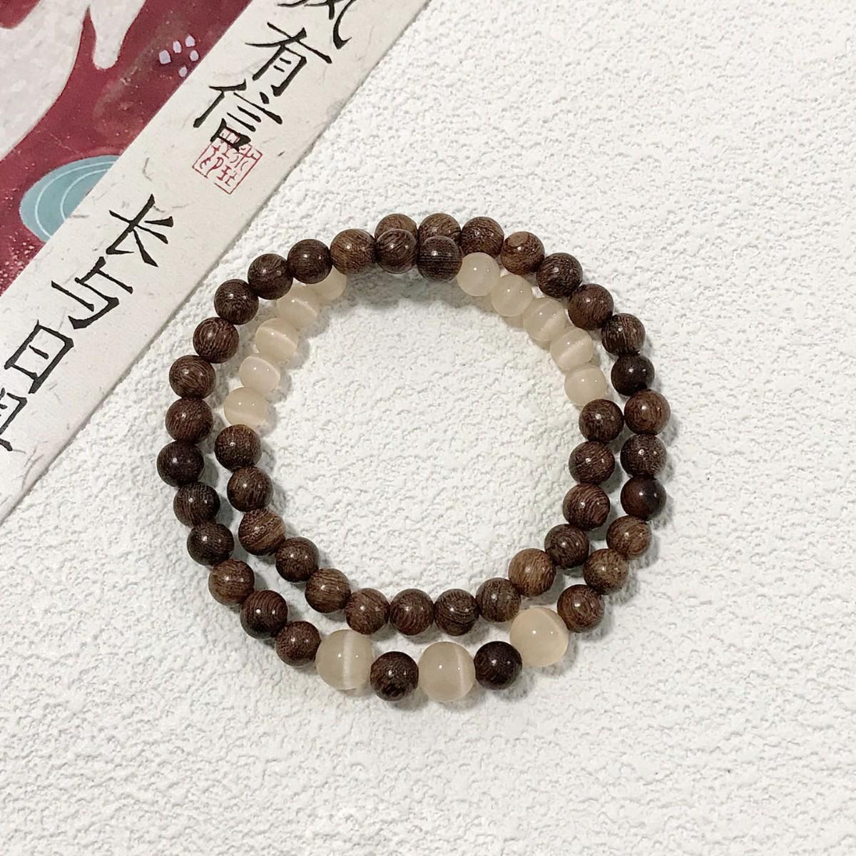Chinese Sandalwood Beaded Bracelet - Niche Design, Versatile Double Wrap, Stackable Cat s Eye Accessory