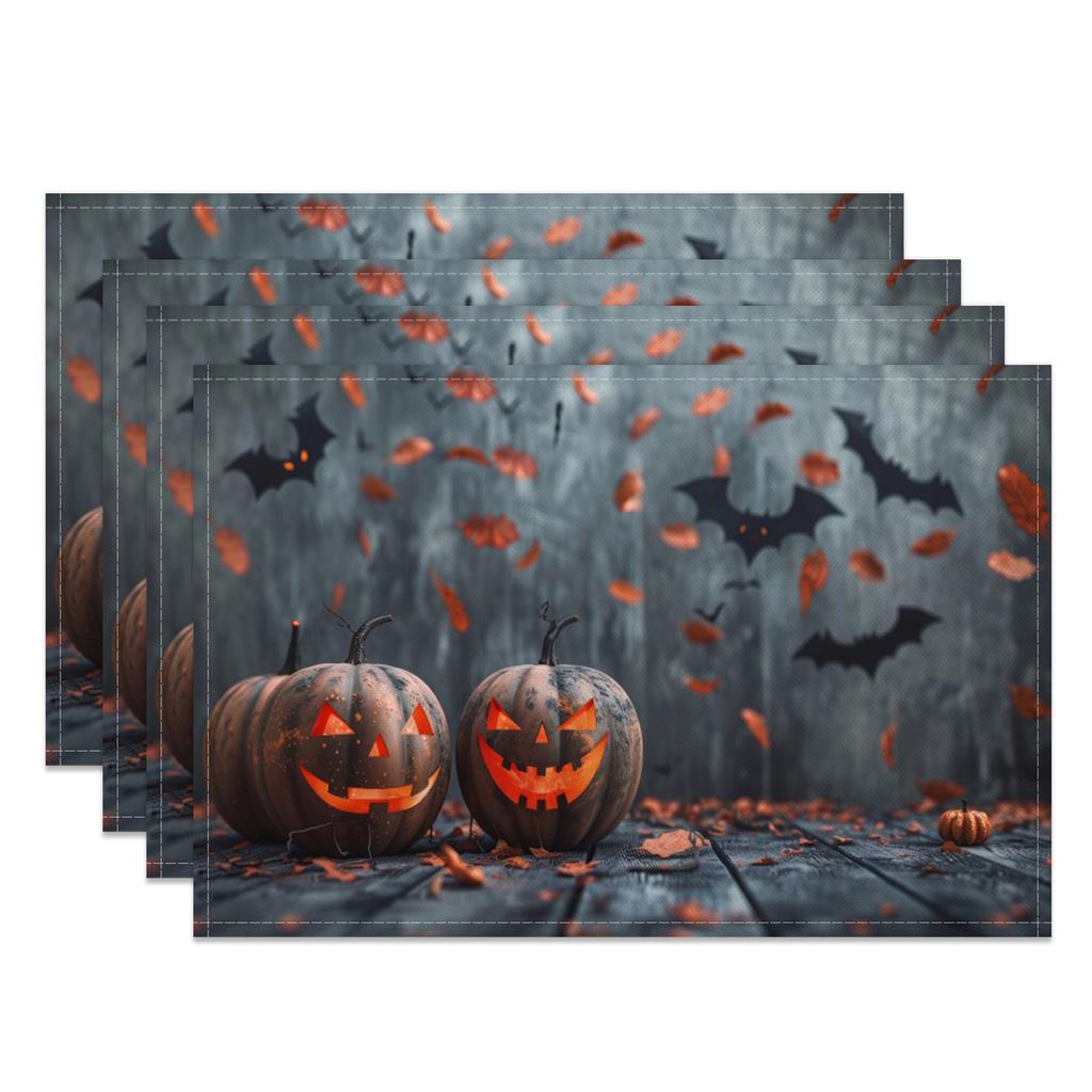 Halloween Placemats Dining Table Spooky Pumpkin Bat Moon Themed Table Mats Party Decor Trick or Treat Dinner Durable Washable