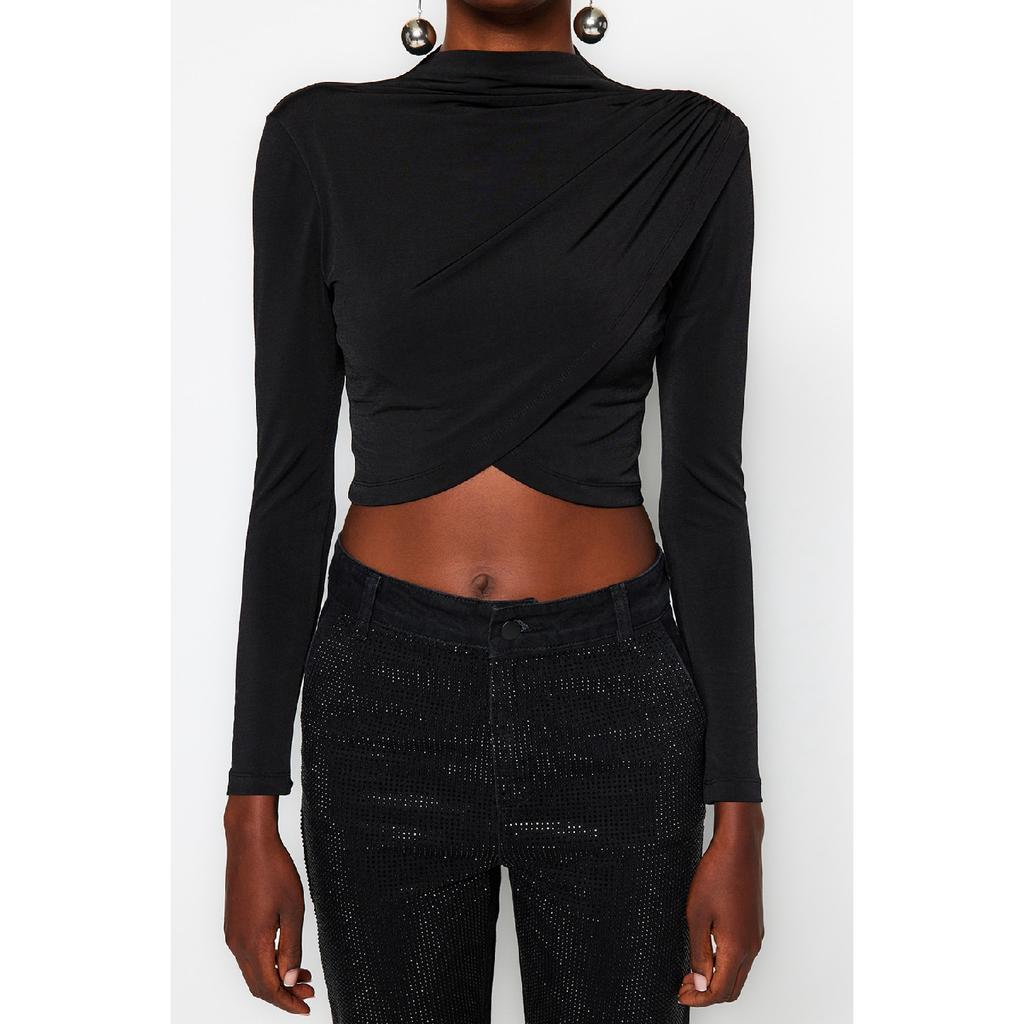 Bluză neagră drapeată cu guler înalt Twoaw24bz00164