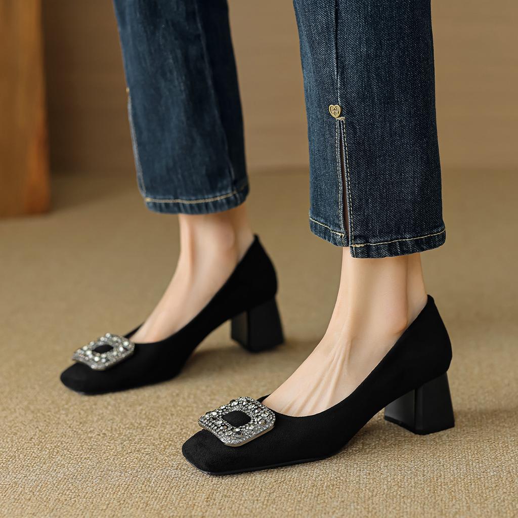 Weiwei Girl 9811-2 French High Heels Femininity Rhinestone One Pedal Black Light Mouth Thick Heel Single Shoes Women