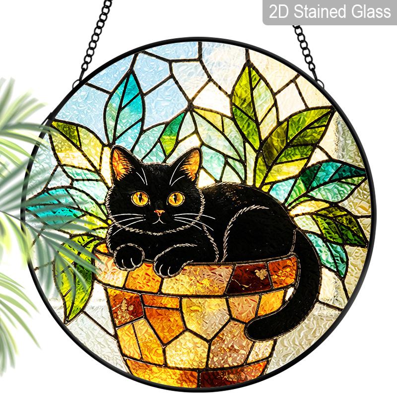

2D Flat Stained Glass Cute Black Cat Window Decoration, 7.87inches Colored Glass Plate with Chain, Hanging Sun Catcher Home Decor, Unique Holiday 7.87inch