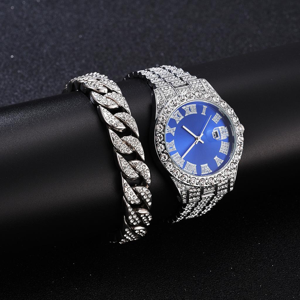 2 Pcs Watch+bracelet Hip Hop Stainless Steel Gold Color Calendar Watch For Men Iced Out Paved Rhinestones Men Watch Reloj Hombre