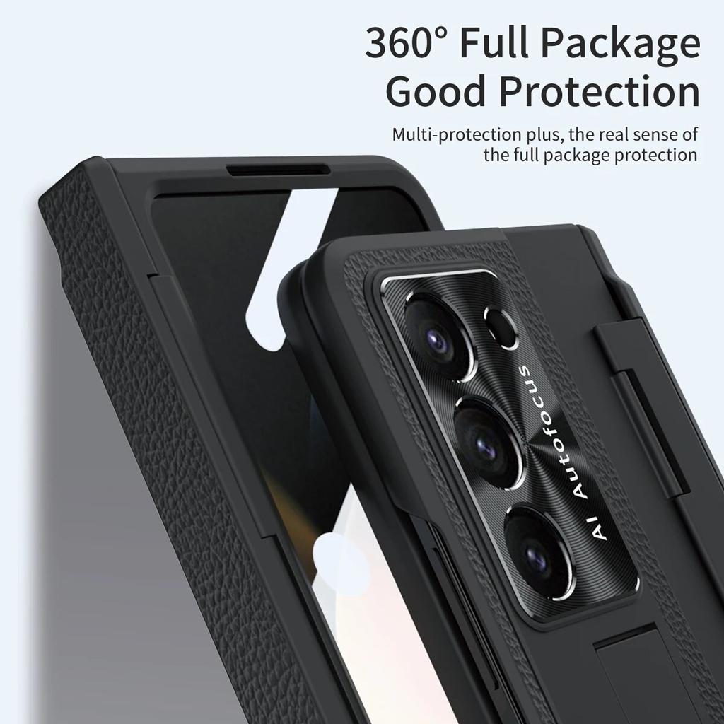 Suport din piele placat Husă de protecție cu balama plată pentru Samsung Galaxy Z Fold 5 4 3 cu folie de sticlă frontală Fold5 Husă de protecție
