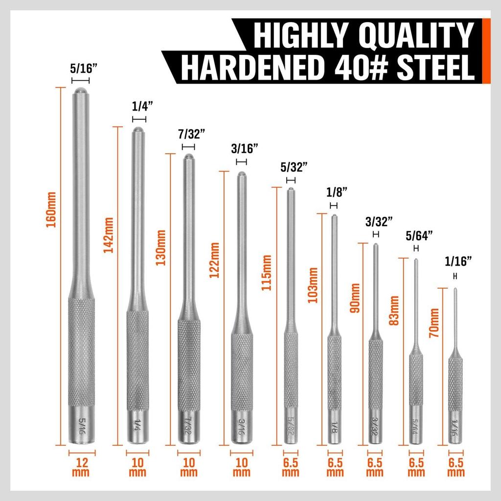 9-Piece Roll Pin Punch Set - Fast Pin Removal - Durable Steel & Construction