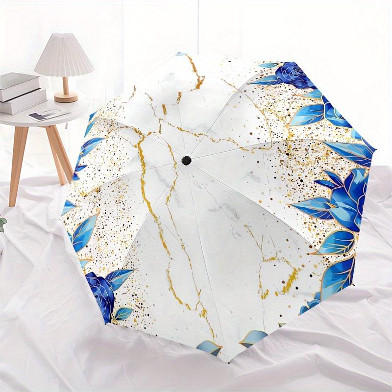 Marble Floral Automatic Folding Umbrella Simple 8 Rib Design, Bright Cartoon Pattern, Durable Iron Frame, Suitable For Travel, Outdoor, Bea