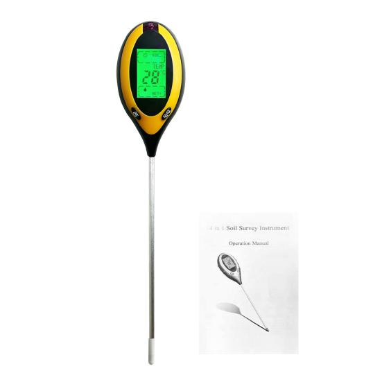 4-in-1 Soil Tester Digital Display Soil Moisture Sunlight PH Temperature Tester Long Probe Soil Tester for Garden Lawn Farm Greenhouse Plant Care