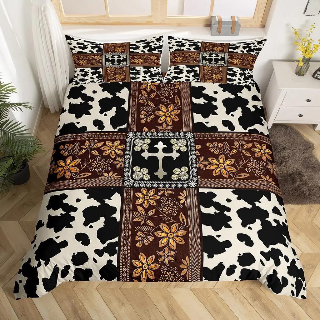 Cow Print Duvet Cover Queen Vintage Floral Bedding Set For Girls Boys Men Western Farmhouse Animal Bull Cattle Skin Quilt Cover